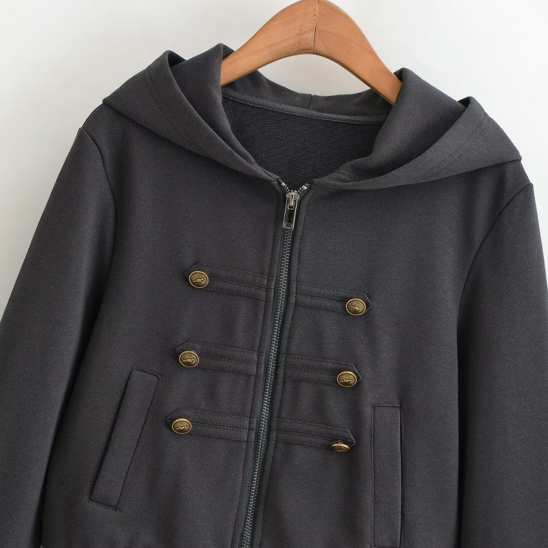 Women's Cropped Hooded Blouson in Military Look with Decorative Button Placket and Ribbed Hem Hudson & Parker