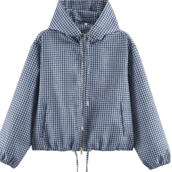 Women Checked Cropped Hoodie with Drawstring Hem and Two-Way Zip Hudson & Parker