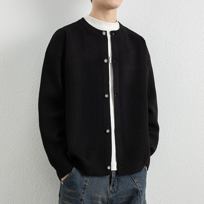 Men's Loose-Fit Structured Knit Cardigan with Round Neck and Button Placket Hudson & Parker