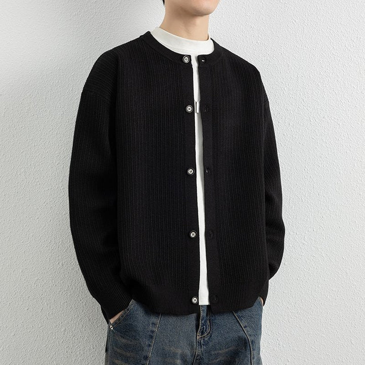 Men's Loose-Fit Structured Knit Cardigan with Round Neck and Button Placket Hudson & Parker