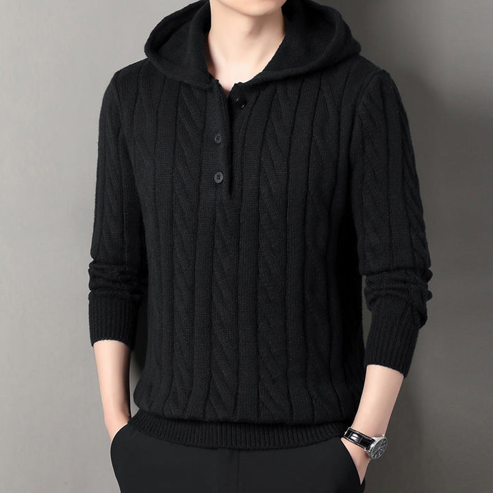 Men's fine knit hoodie with cable pattern, half placket and drawstring Hudson & Parker