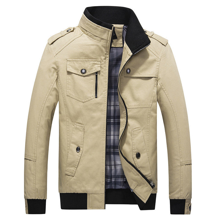 Men's transitional jacket in field style with stand-up collar, epaulettes, and checkered inner lining Hudson & Parker