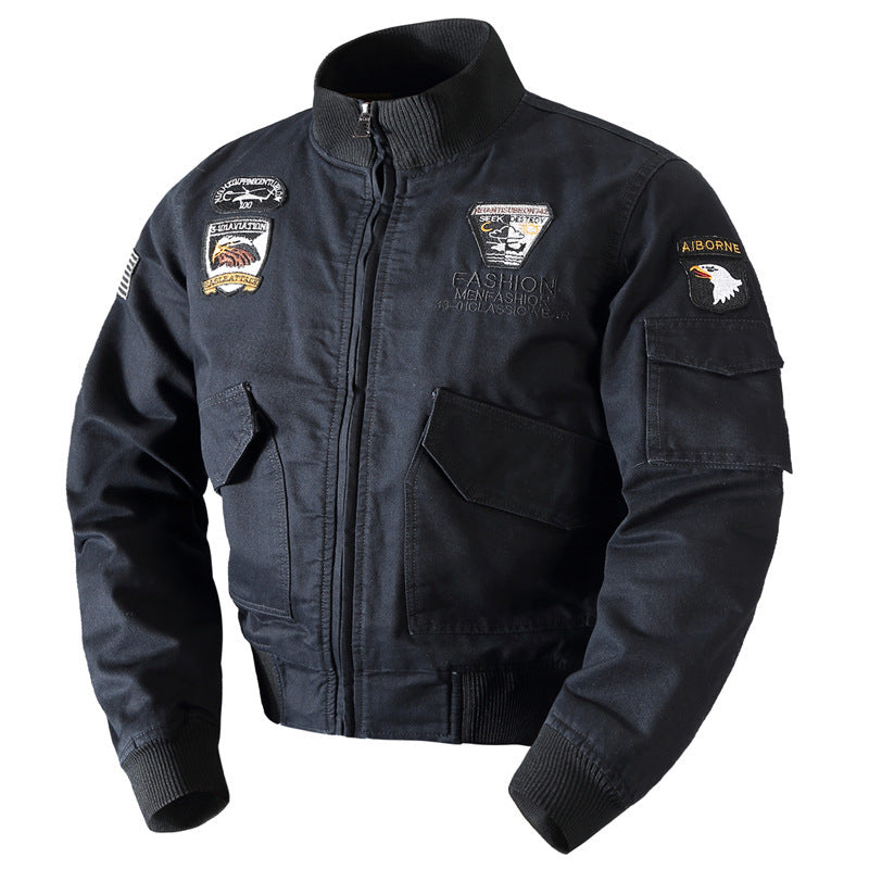 Men's Canvas Pilot Blouson in Military Look with Stand-Up Collar, Utility Pockets, and Patch Applications Hudson & Parker