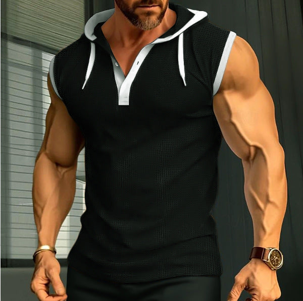 Men's sleeveless hoodie polo shirt with mesh structure and Henley button placket Hudson & Parker