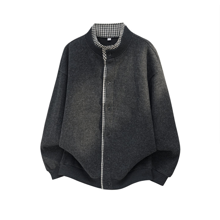 Unisex Oversize Blend Cardigan Jacket with Check Trim and Stand-Up Collar Hudson & Parker