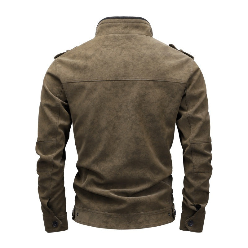 Men's utility faux leather jacket with stand-up collar, shoulder flaps, and multiple chest pockets Hudson & Parker
