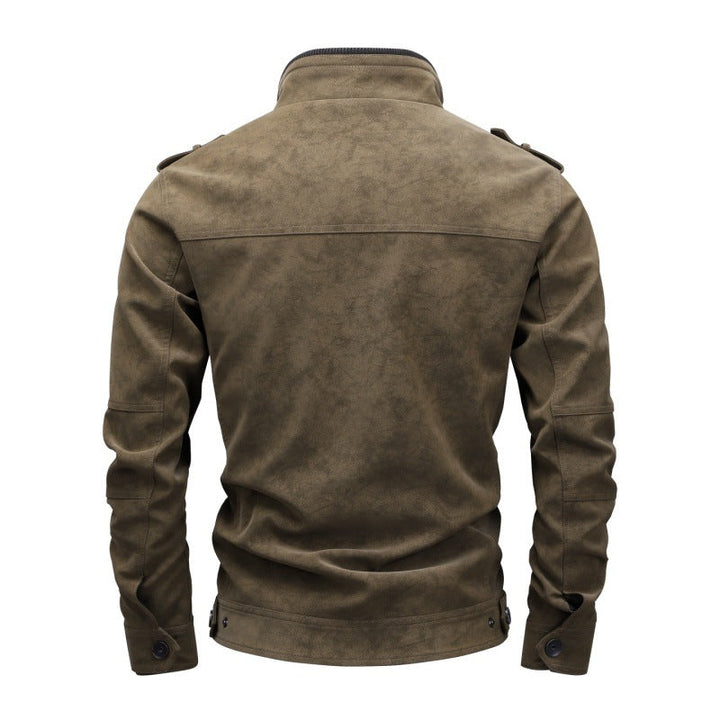 Men's utility faux leather jacket with stand-up collar, shoulder flaps, and multiple chest pockets Hudson & Parker