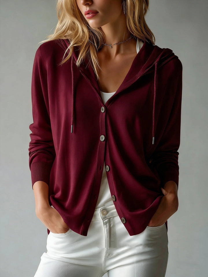 Women nan lightweight hooded cardigan with button placket and drawstring Hudson & Parker