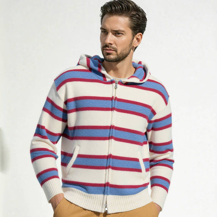Men's Striped Knit Hoodie with Full Zipper and Ribbed Cuffs Hudson & Parker