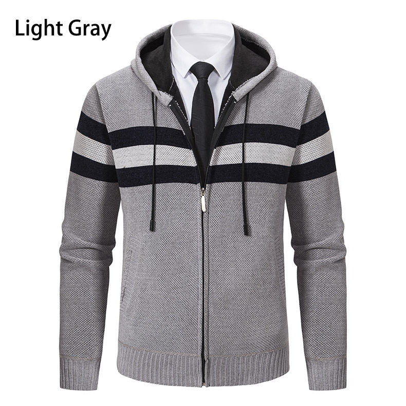 Men's hooded sweater jacket with full zip, contrast stripes, and side pockets Hudson & Parker