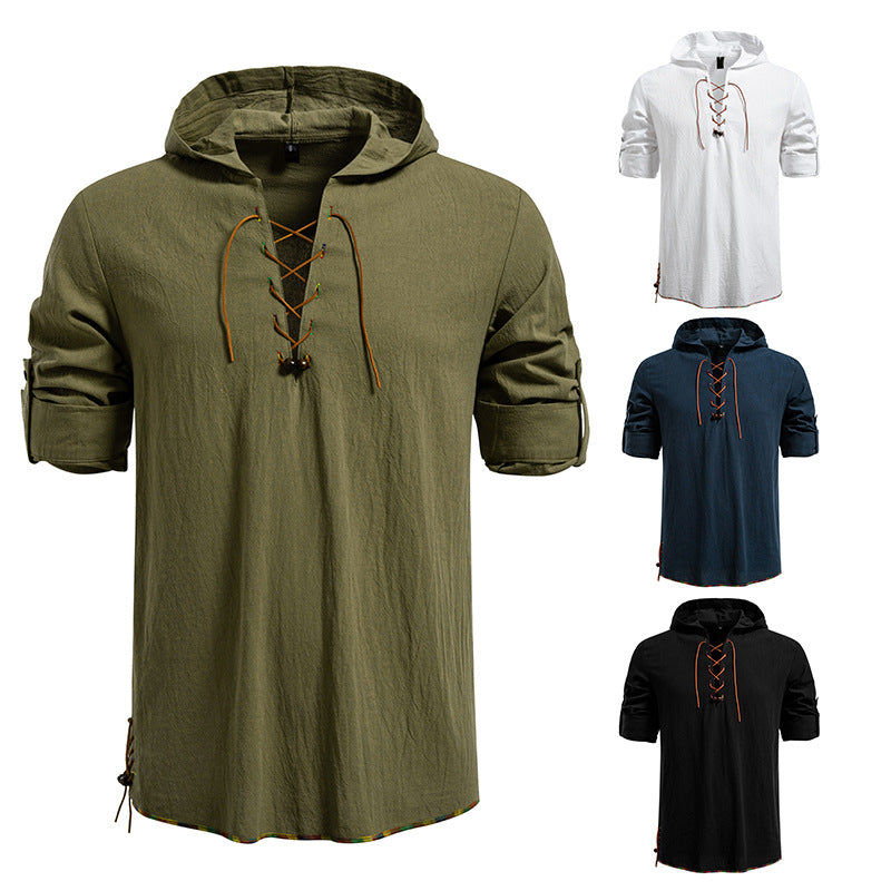 Men's Lightweight Hoodie Shirt with Decorative Lacing, Short Sleeve and Longline Cut Hudson & Parker