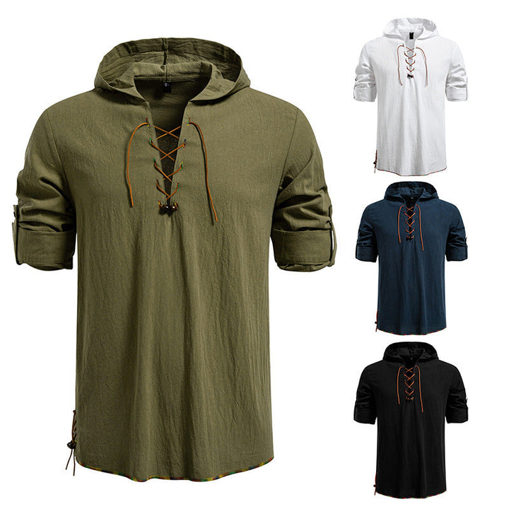 Men's Lightweight Hoodie Shirt with Decorative Lacing, Short Sleeve and Longline Cut Hudson & Parker