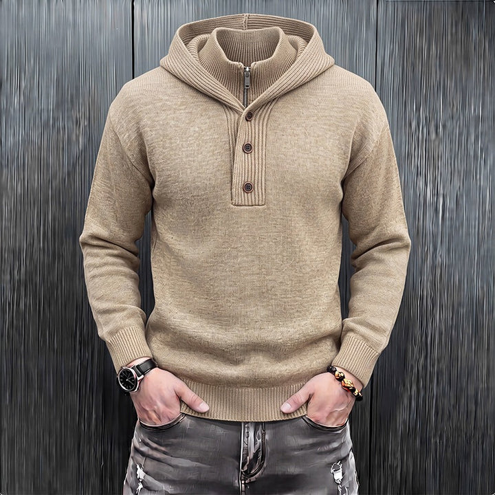 Men's fine knit hooded pullover with half zipper and button placket Hudson & Parker