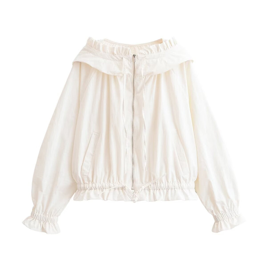Women's Lightweight Hooded Jacket with Ruffled Collar, Drawstring and Elastic Hem Hudson & Parker