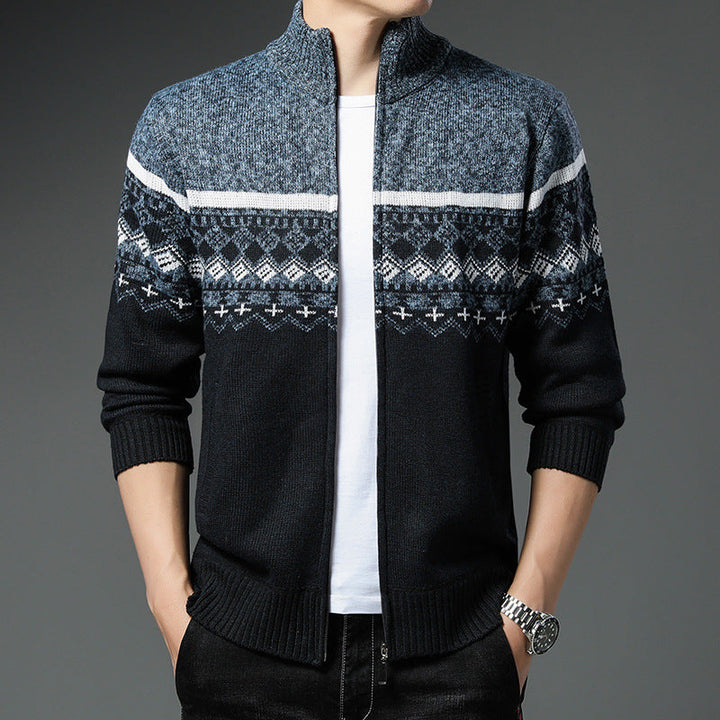 Men's Norwegian Pattern Cardigan with Full Zip and Stand-Up Collar Hudson & Parker