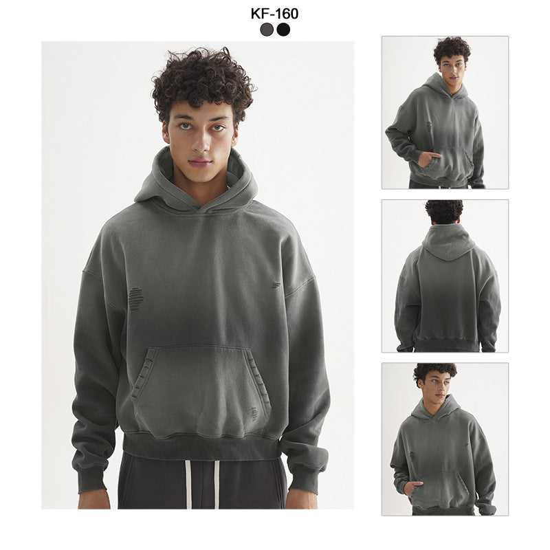 Men's Oversize Hooded Sweatshirt with Washed-Out Vintage Effect and Destroyed Details Hudson & Parker