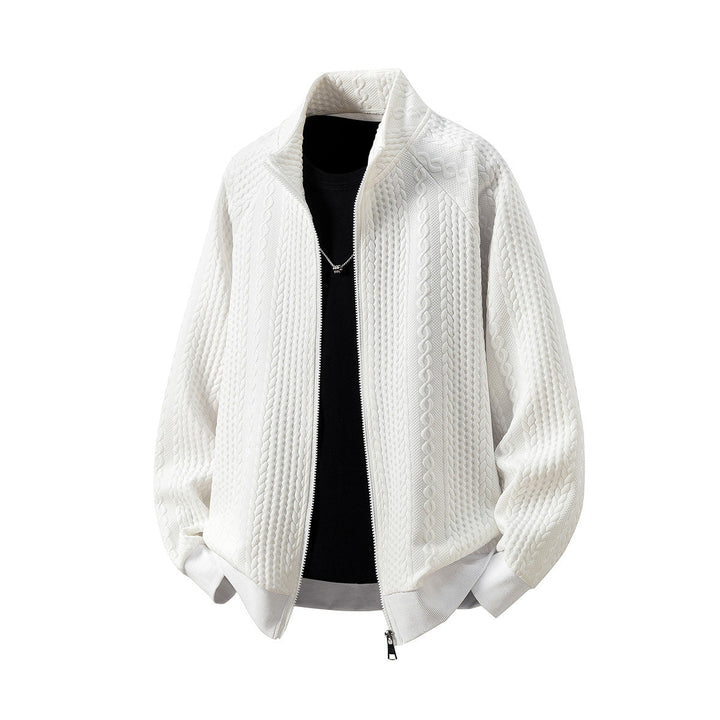 Men's Chunky Knit Zip Cardigan with Stand-Up Collar and Cable Pattern Hudson & Parker
