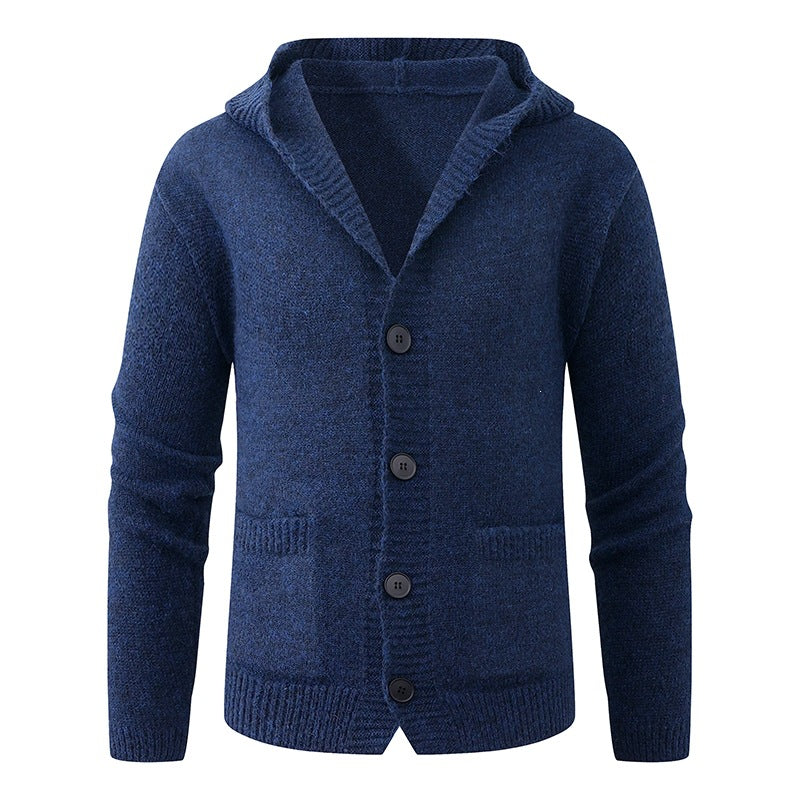 Men's hooded knitted cardigan made of thermal fine knit with a continuous button placket and side pockets Hudson & Parker