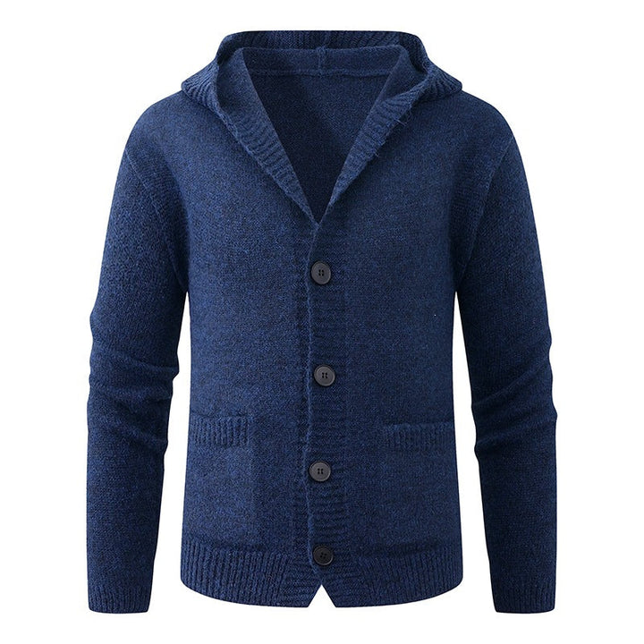 Men's hooded knitted cardigan made of thermal fine knit with a continuous button placket and side pockets Hudson & Parker