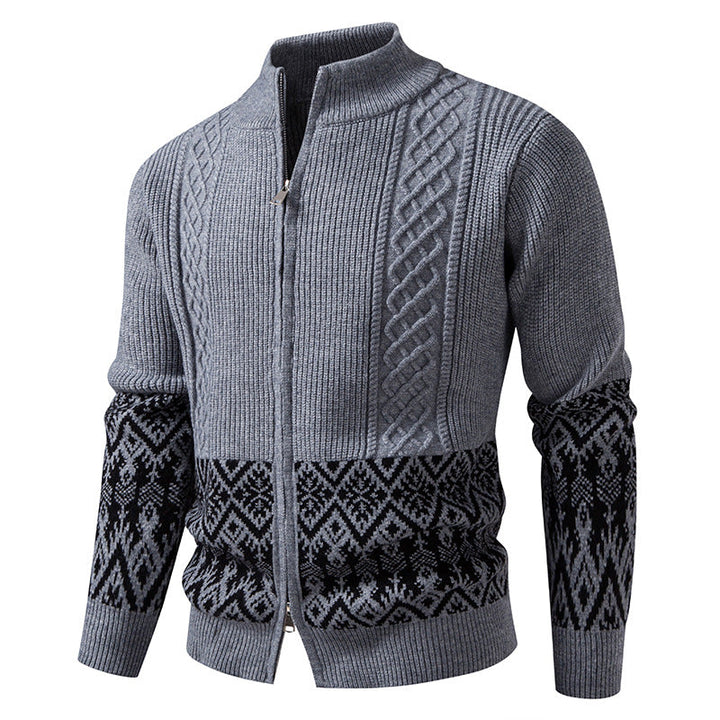Men's High-Quality Norwegian Zip Cardigan with Cable Pattern and Stand-Up Collar Hudson & Parker