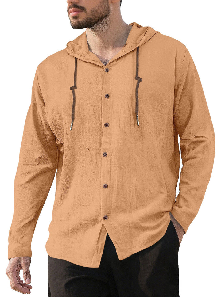 Men's textured linen blend hooded shirt with button placket, wood buttons, and side slits Hudson & Parker
