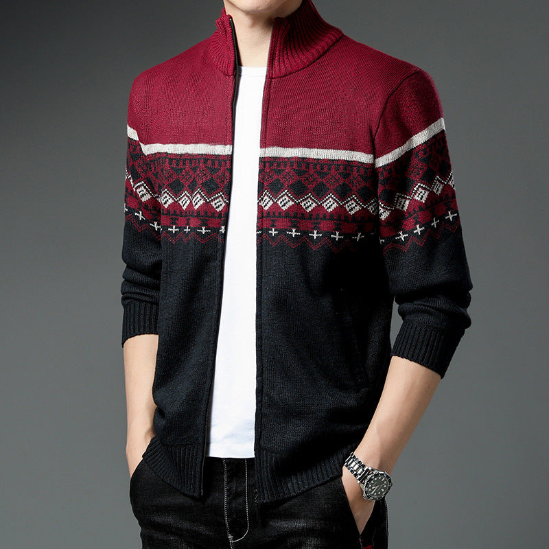 Men's Norwegian Pattern Cardigan with Full Zip and Stand-Up Collar Hudson & Parker