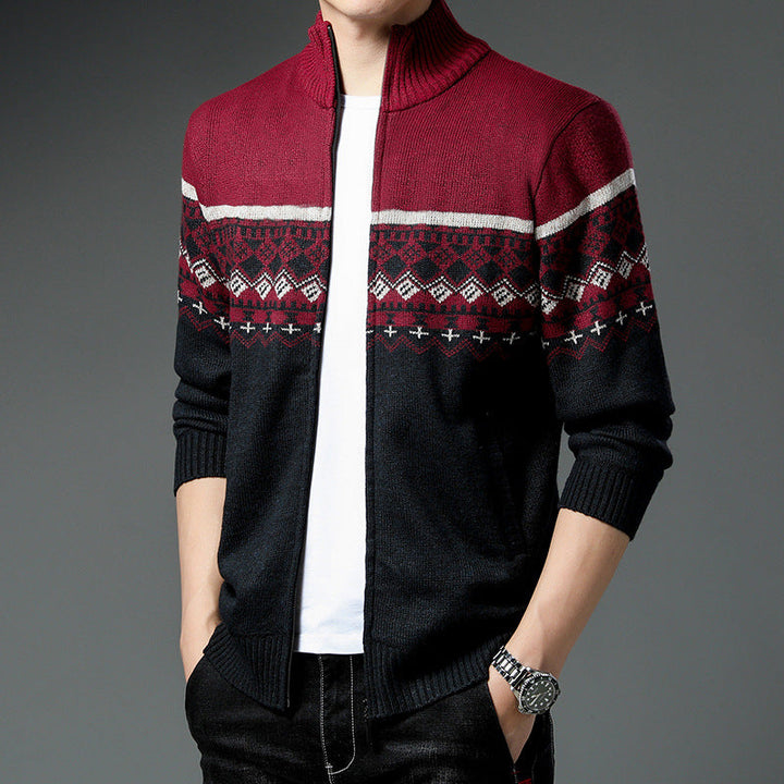 Men's Norwegian Pattern Cardigan with Full Zip and Stand-Up Collar Hudson & Parker