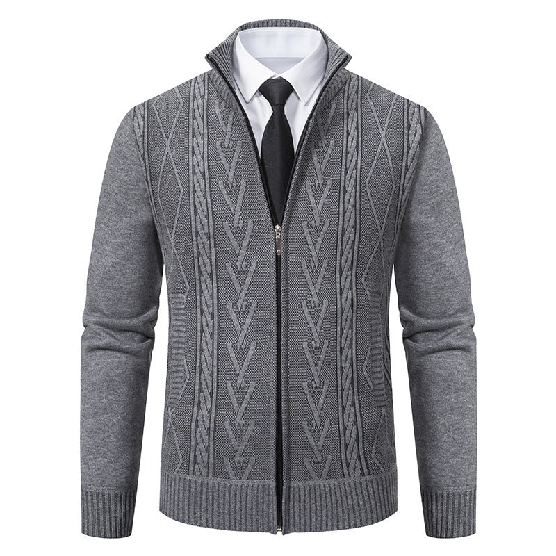 Men's fine-knit zip jacket with geometric jacquard pattern, stand-up collar, and side pockets Hudson & Parker