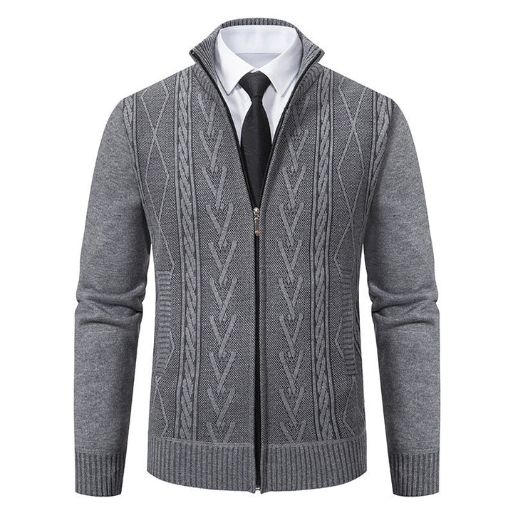 Men's fine-knit zip jacket with geometric jacquard pattern, stand-up collar, and side pockets Hudson & Parker