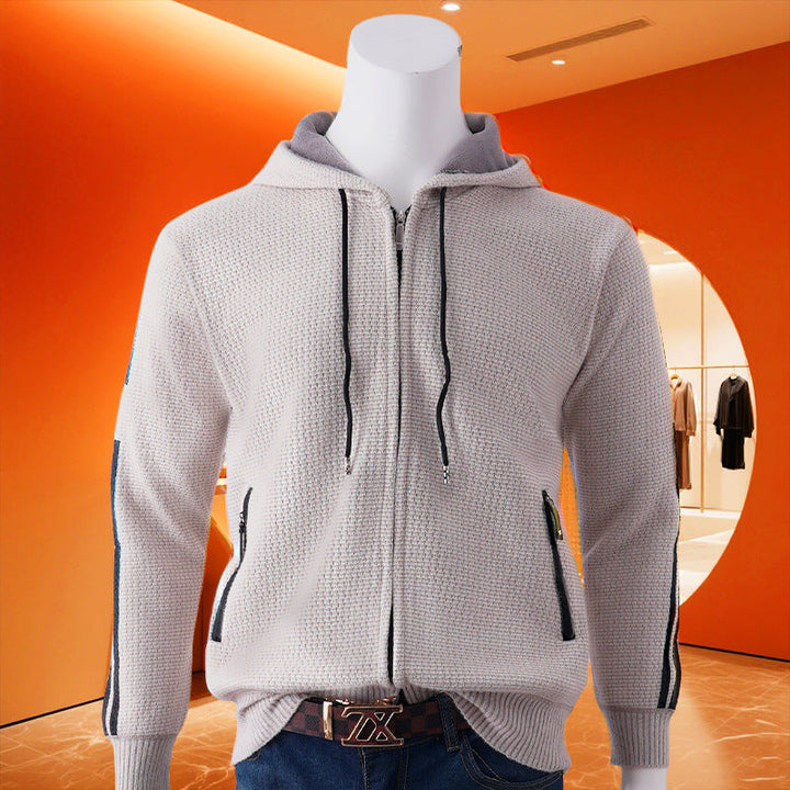Men's hooded sweat jacket with zipper, textured knit, side pockets and contrast stripes Hudson & Parker