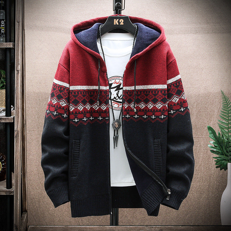 Men's Hooded Knitted Zip Jacket with Norwegian Jacquard and Soft Lining Hudson & Parker