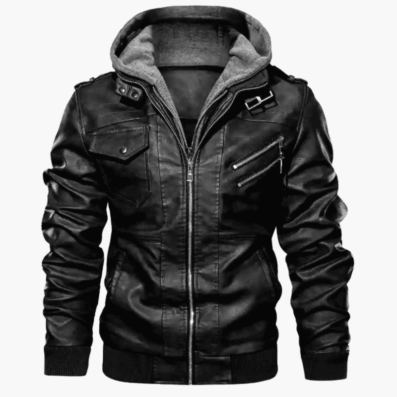 Men's Hooded Faux Leather Jacket in Biker Style with Zipper Pockets and Ribbed Cuffs Hudson & Parker