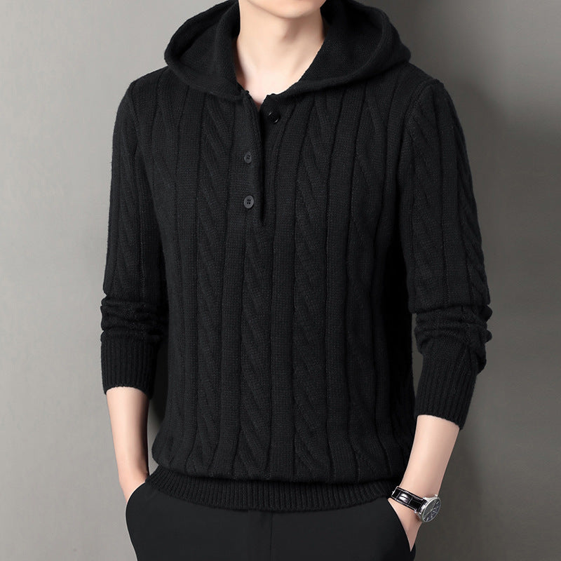 Men's fine knit hoodie with cable pattern, half placket and drawstring Hudson & Parker