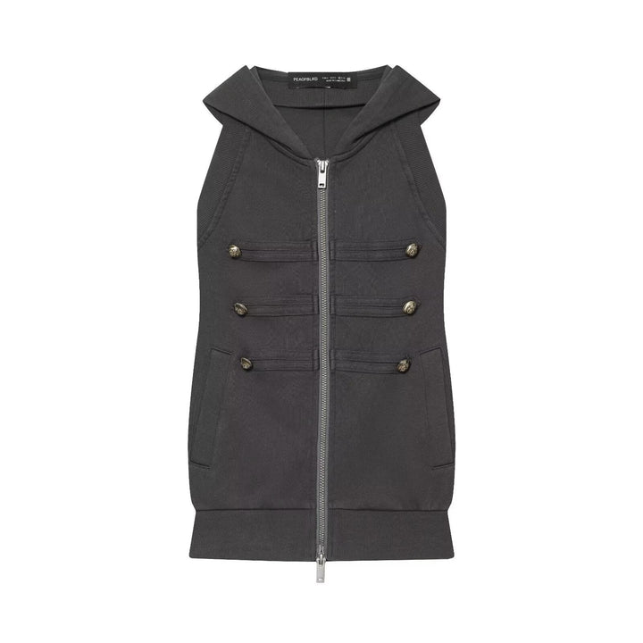 Women's Sleeveless Hooded Vest with Zipper and Military Decorative Buttons Hudson & Parker