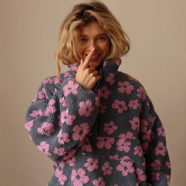 Ladies Teddy Fleece Hooded Jacket with Stand-up Collar, Floral Relief and Half Zip Hudson & Parker