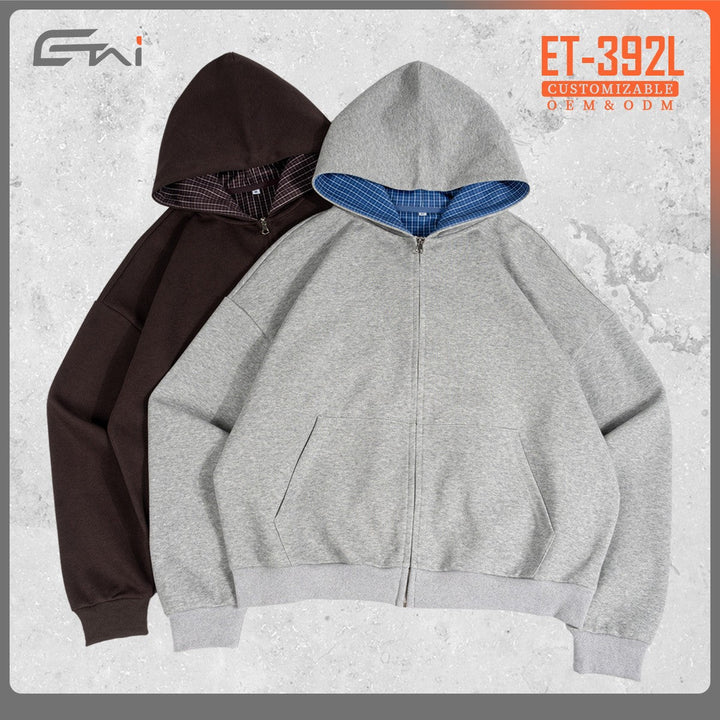 Unisex short cut oversized hoodie jacket with full zip, checkered lined hood and kangaroo pocket Hudson & Parker