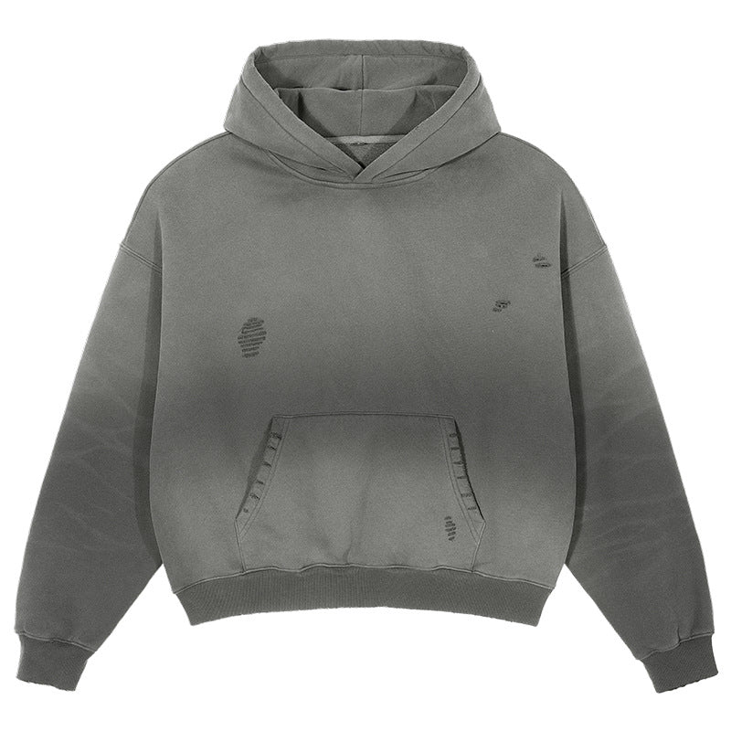 Men's Oversize Hooded Sweatshirt with Washed-Out Vintage Effect and Destroyed Details Hudson & Parker