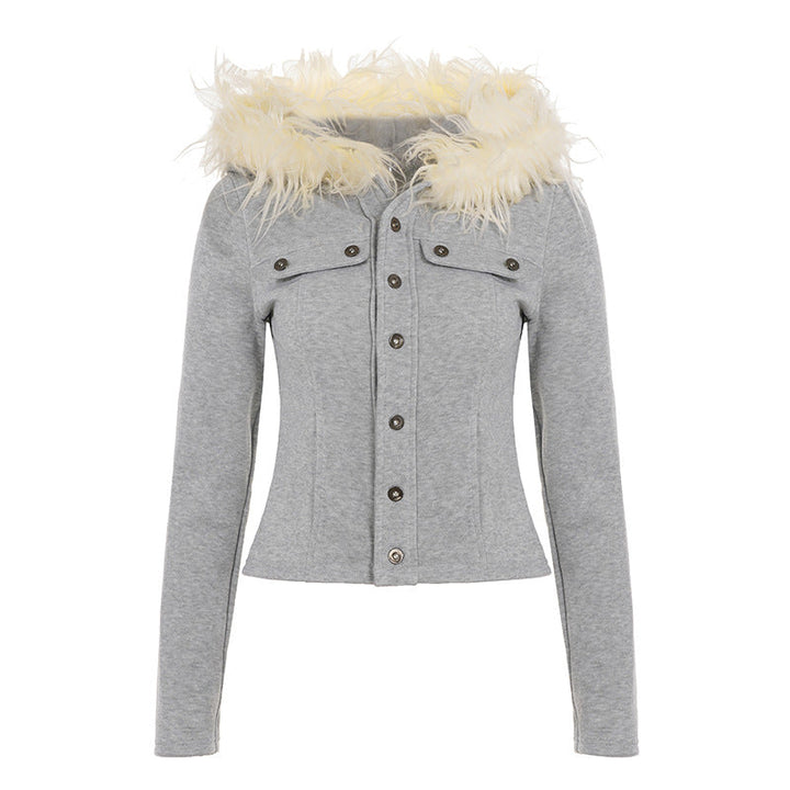 Women's short cut hoodie with faux fur hood, zipper and fitted cuff Hudson & Parker