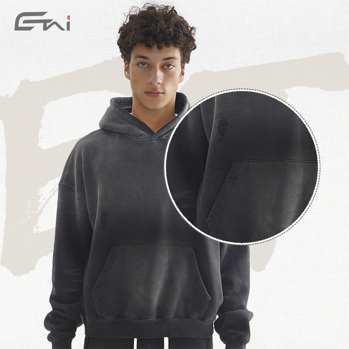 Men's Loose Distressed Sweatset with Cropped Hoodie and Baggy Jogging Pants Hudson & Parker