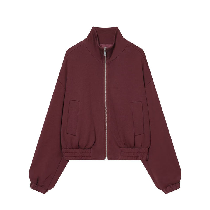 Women Cropped Sweat Bomber Jacket with High Stand-up Collar and Elastic Waistband Hudson & Parker
