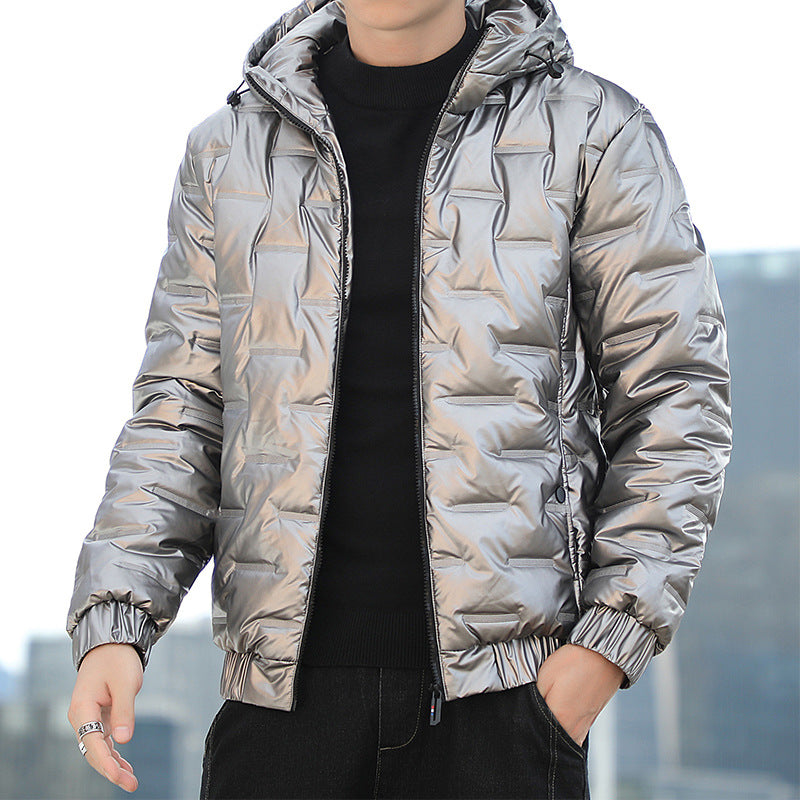 Men's Lightweight Quilted Hooded Puffer Jacket with Shiny Surface and Elastic Cuffs Hudson & Parker