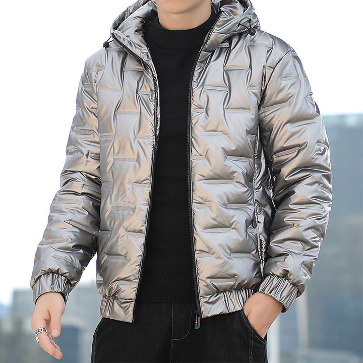 Men's Lightweight Quilted Hooded Puffer Jacket with Shiny Surface and Elastic Cuffs Hudson & Parker