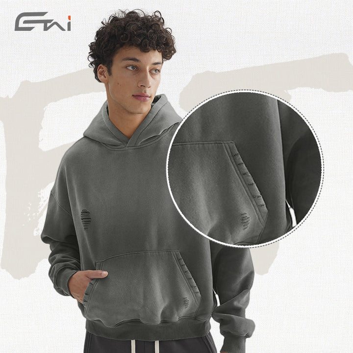 Men's Oversize Hooded Sweatshirt with Washed-Out Vintage Effect and Destroyed Details Hudson & Parker