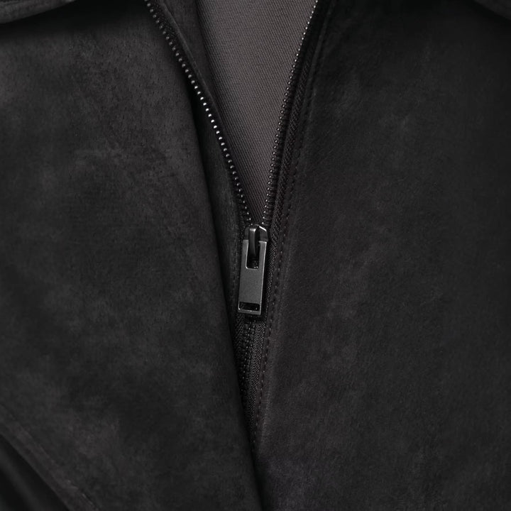Men's suede jacket with high stand collar, asymmetrical button placket, and elastic hem Hudson & Parker