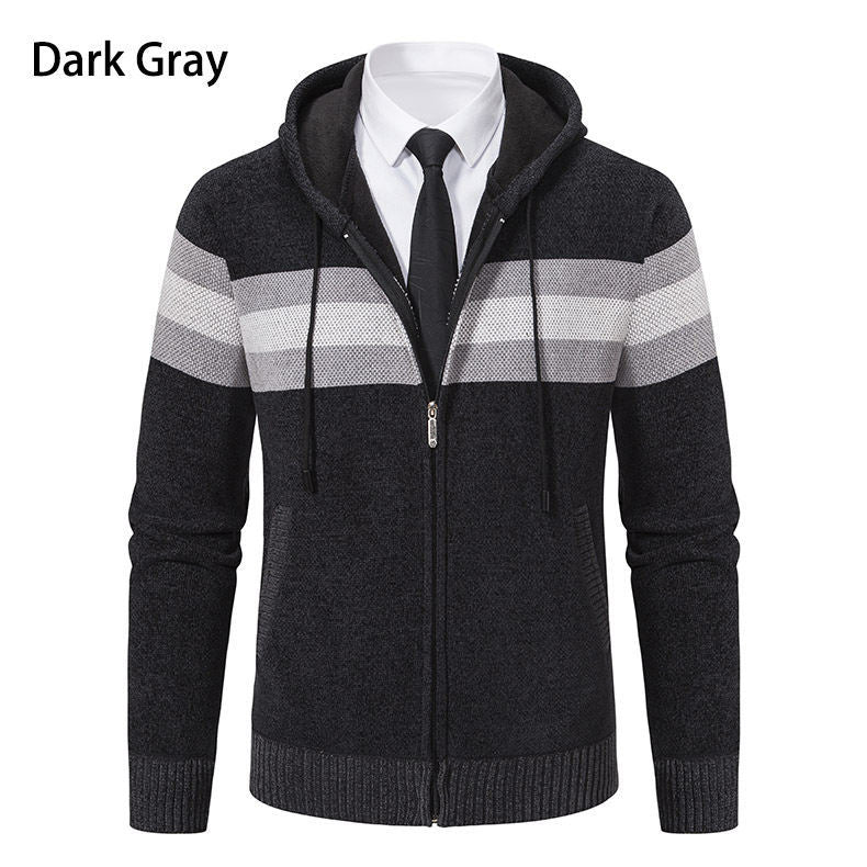 Men's hooded sweater jacket with full zip, contrast stripes, and side pockets Hudson & Parker