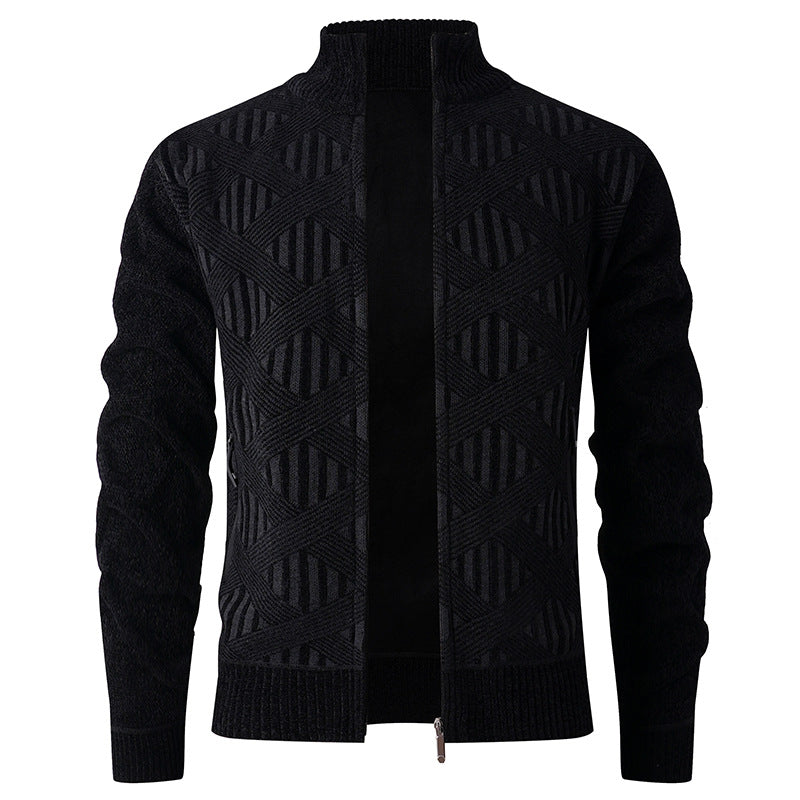 Men's Geometric Jacquard Zip Cardigan with Stand-Up Collar and Zipper Pockets Hudson & Parker