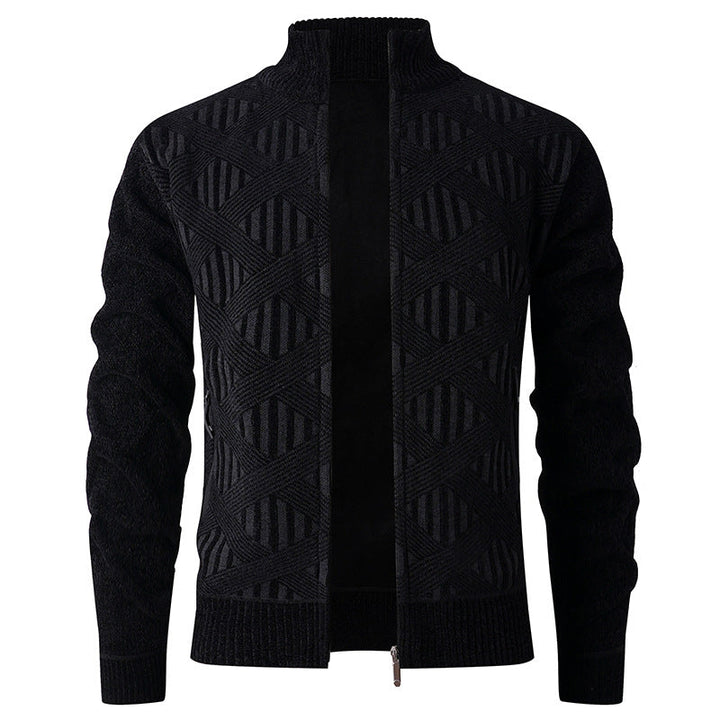 Men's Geometric Jacquard Zip Cardigan with Stand-Up Collar and Zipper Pockets Hudson & Parker