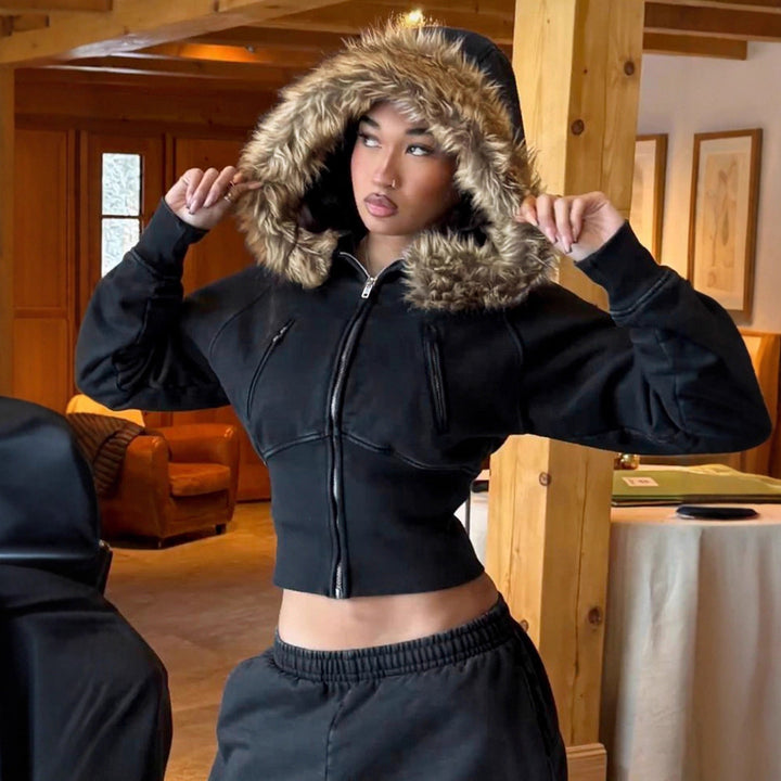 Women's short cut hoodie with faux fur hood, zipper and fitted cuff Hudson & Parker
