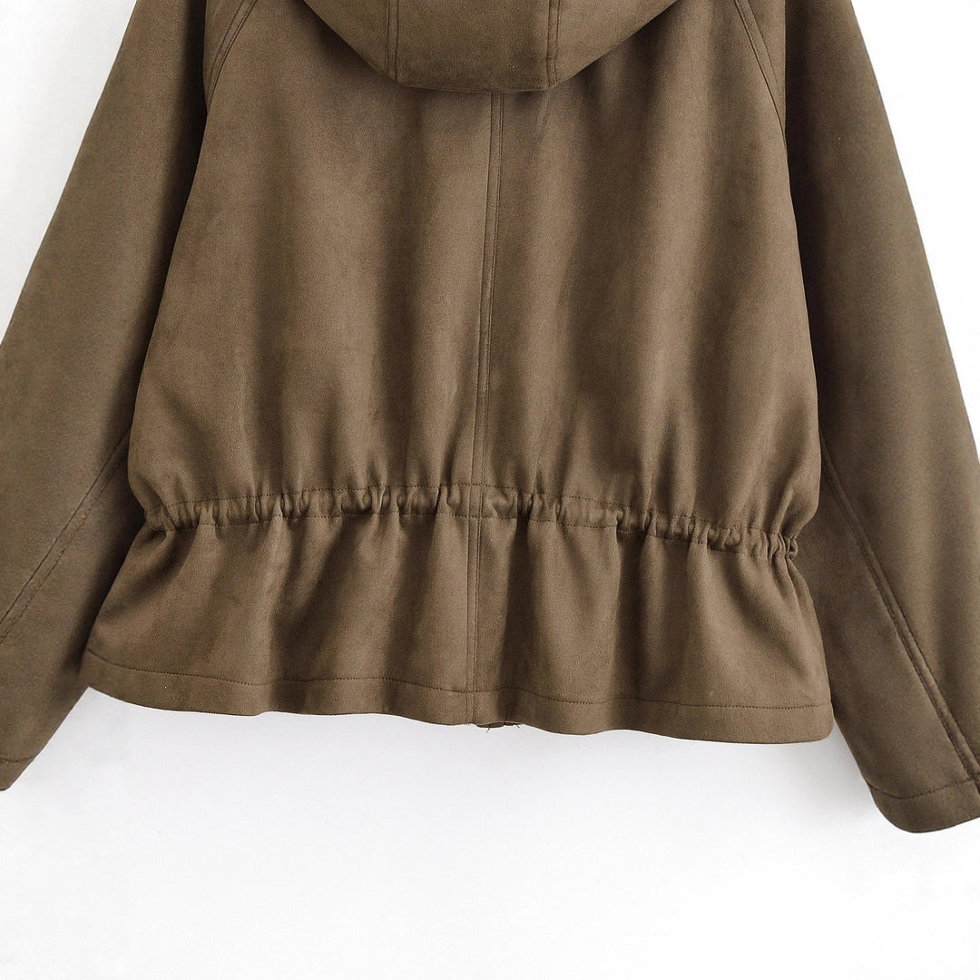 Women Short Hoodie Jacket in Parka Look with Drawstring Waist and Flap Pockets Hudson & Parker