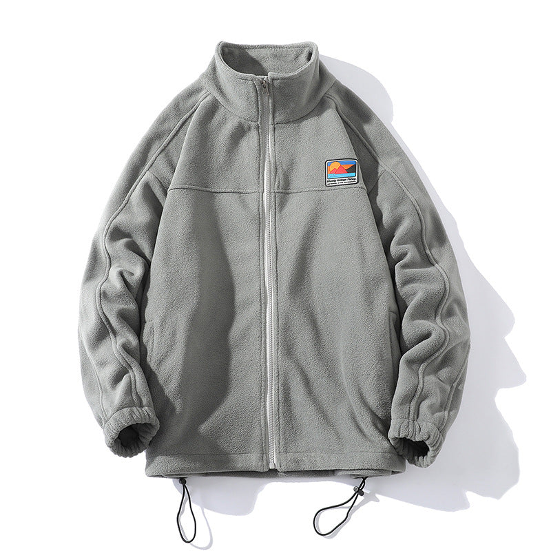 Men's fleece jacket with stand-up collar, full zip, elastic drawstring, and badge patch Hudson & Parker